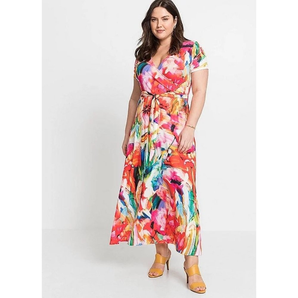 Venus Womens Abstract Print Wrap Maxi Dress J228046 Short Sleeve Pink Orange S